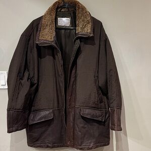 Men's Brown Leather And  Acrilic Jacket with Shirling Fur Collar